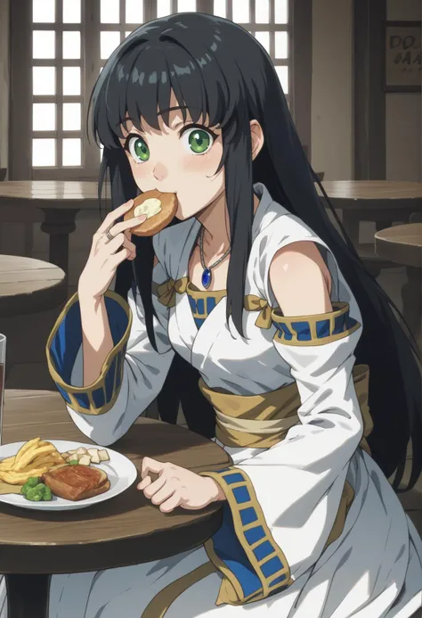 anime girl eating a sandwich and drinking a glass of water