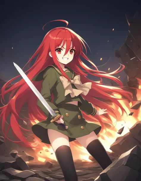 <lora:shana_pony_ver1:0.7> shana, red eyes, red hair, very long hair, hair between eyes, (ahoge:1.1),
school uniform, serafuku, green shirt, long sleeves, green skirt, thighhighs,
sword, weapon over shoulder, grin, embers, rubble, fire, night, score_9, sco...