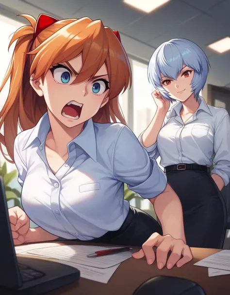 anime characters sitting at a desk with a laptop and a phone