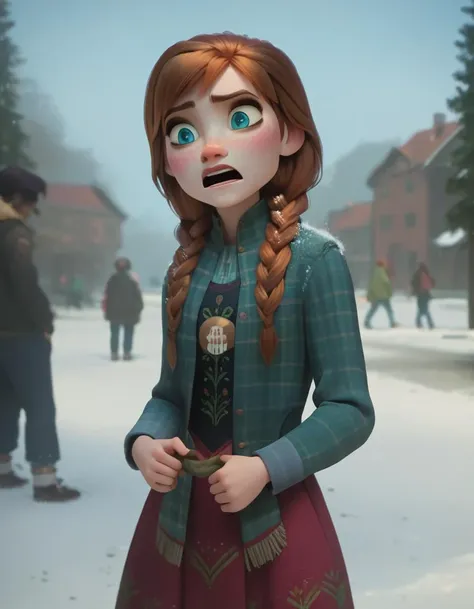 a girl with long hair and a green jacket standing in the snow