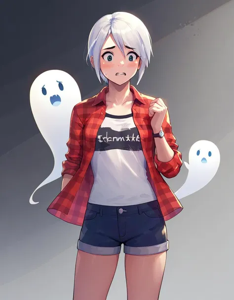 a woman in shorts and a shirt standing next to a ghost