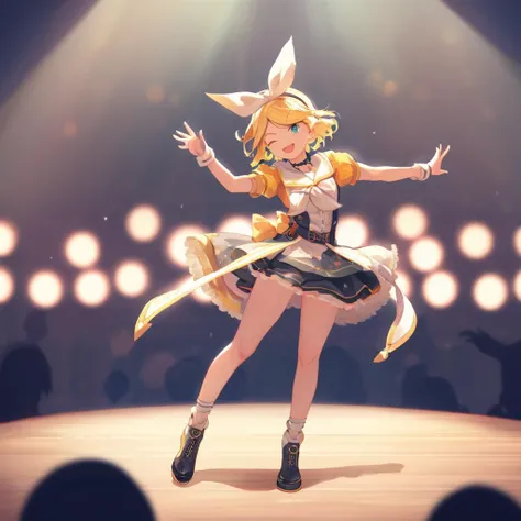 score_9, score_8_up, score_7_up, kagamine rin sings and dancing on stage, detailed face, perfect hands hand, 