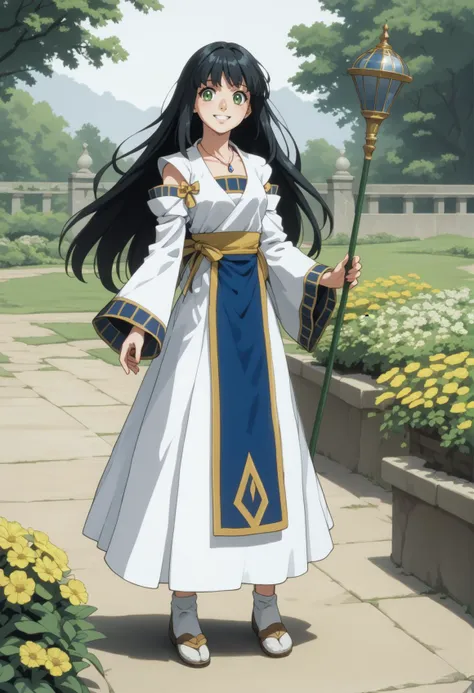 a woman in a white dress holding a green staff