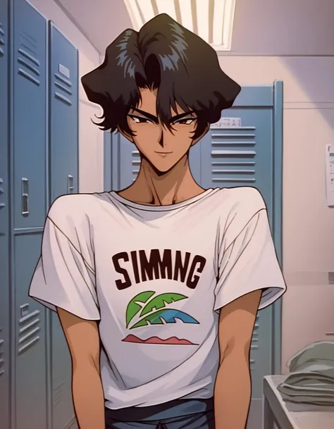 score_9, score_8_up, score_7_up, score_6_up, score_5_up, score_4_up, source_anime,
<lora:golden-boy-ponyxl-000025:1>
hayami ayuko, white shirt, short sleeves, print shirt,  
1girl, solo, smirk, locker room