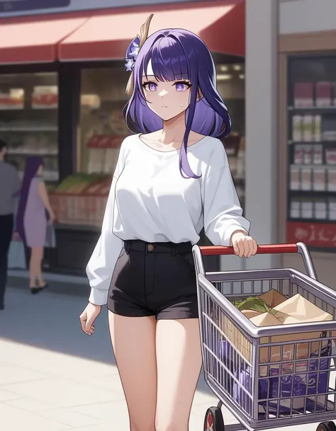 score_9, score_8, score_7, source_anime,
rating_safe,
1girl, raiden shogun, genshin impact, purple hair, purple eyes, casual,
shopping cart, confused, sweatdrop