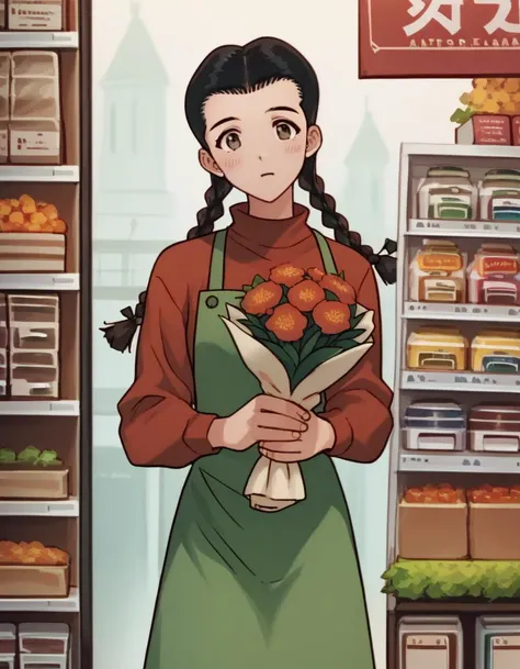 score_9, score_8_up, score_7_up, score_6_up, score_5_up, score_4_up, source_anime,
<lora:golden-boy-ponyxl-000025:1>
okiron, twin braids, red turtleneck, green apron,  
1girl, solo, standing, holding bouquet, flower shop