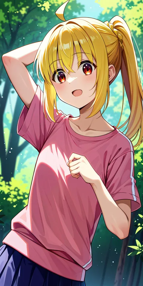 score_9, score_8, score_7, source_anime,
1 girl,standing, upper body, outdoors, forest, short_torso,open mouth, child, solo focus, 
ijichi_nijika, bocchi_the_rock!, blonde_hair, long_hair, side_ponytail,red eyes, ahoge,nijika_clothes,skirt,arm up, 
onimai ...