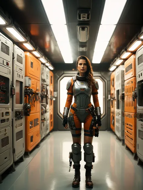 arafed woman in a space station with orange cabinets and equipment