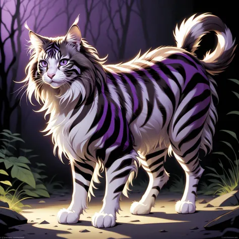 Mean zebra print Norwegian Forest Cat, Crouching down, beautiful, Beautifully Lit, L USM, purple hue, character art by Stuart Immonen