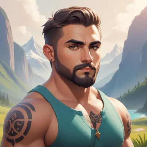 Visual burly Argentinian (Male [Bloodelf|Tom Nook]:1.3) , Patron Saint of Memory, small chin and Curved eyebrows, tribal Tattoo, Hazy conditions, 35mm, Single Color, landscape art designed by Alena Aenami, manly