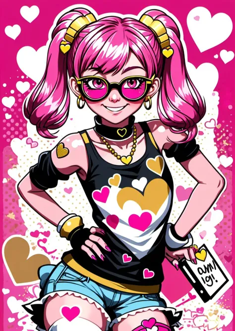 /ONE FOR ALL, imagine in 
girl, detailed background, pop art, (Pink, gold, White), decora art style, doodle art, bare shoulders, (Hearts accessories, splash art), short hair, (pink hair, twintails hair, multicolored hair, Pink eyeglasses, detach sleeve, me...