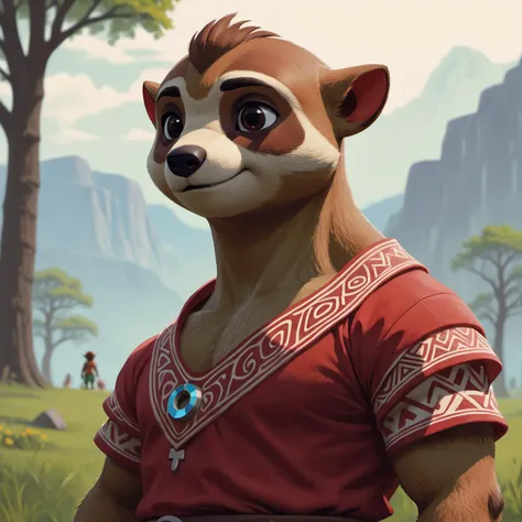 Visual burly Argentinian (Male [Bloodelf|Tom Nook]:1.3) , Patron Saint of Memory, small chin and Curved eyebrows, tribal Tattoo, Hazy conditions, 35mm, Single Color, landscape art designed by Alena Aenami, manly