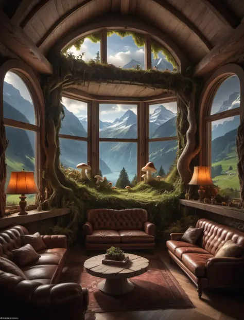 (Ultra-HD-details, discreet, emphasized-details, life-size-body)fantastical living room with switzerland landscape in the window by Marc Adamus, beautiful dramatic lighting, overgrown with funghi, style by Peter Deligdisch, peterdraws Made with ONE FOR ALL...