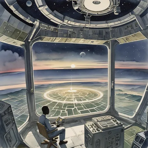 Cinematic still, Cinematic still, 60s Art, landscape of a Kumasi from inside of a Space station, it is Award-Winning, at Dusk, Proud, cinematic lighting, (watercolor art by Eric Ravilious:1.2) , (Franklin Carmichael:0.7)