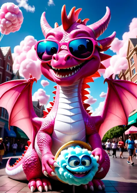 /ONE FOR ALL, imagine in 
pixar character, pixar style, a pink dragon, cute, clouds, sunglasses, cotton candy land, huge smile(best quality), (masterpiece), (best lighting), (high detailed skin:1.0), (detailed eyes), 8k uhd, dslr, soft lighting, best quali...