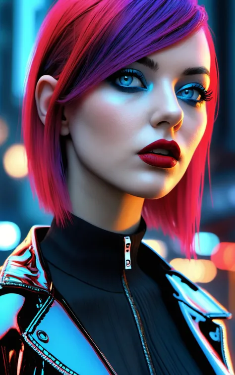  Made with ONE FOR ALL model by Chaos Experience @ https://civitai.com/user/ChaosExperience/ 
beautiful pale cyberpunk female with heavy black eyeliner, blue eyes, shaved side haircut, hyper detail, cinematic lighting, magic neon, maximum details, dark red...