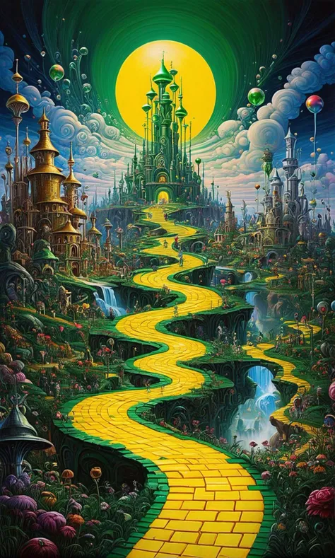 a painting of a wizard's castle with a yellow pathway leading to it