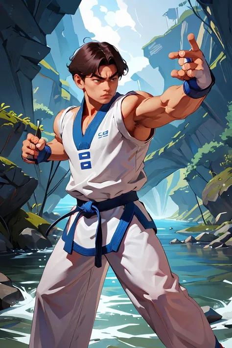 kimkaphwan,dobok,taekwondo uniform,fingerless gloves,at the river,fighting stance,(detailed:1.2),atmospheric,<lora:KimKaphwan:0.8>,