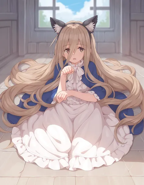 anime girl with long hair sitting on floor in room