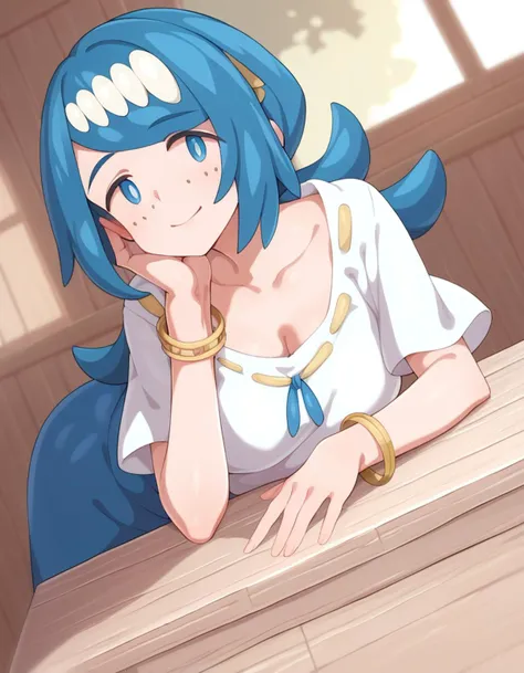 anime girl with blue hair and white shirt leaning on a table