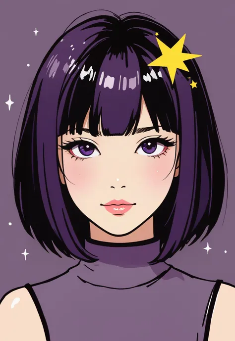 (drawn by Wu Guanzhong, ink artistic conception, abstract simple lines, minimalism, illustration style:1.5), (anime style:1.5), 1girl, star (symbol), purple hair, solo, star hair ornament, blush, hair ornament, looking at viewer, :3, bangs, smile, close-up...