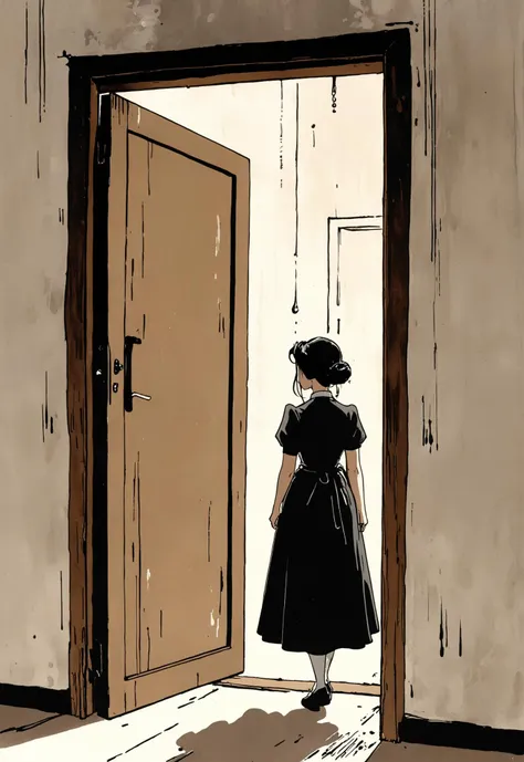 a cartoon of a woman in a dress standing in front of a door