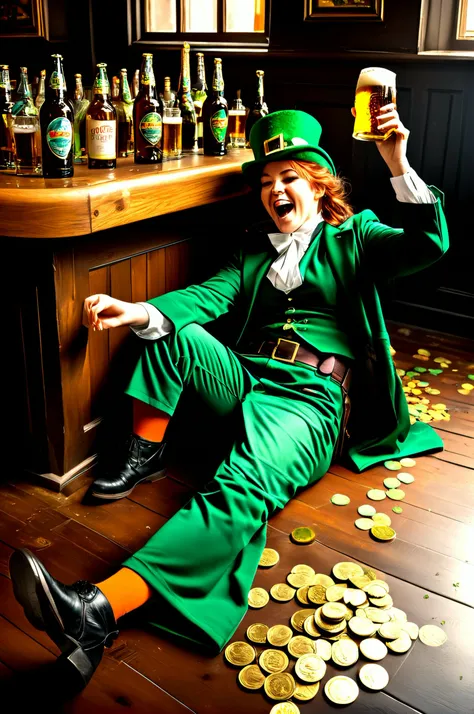 funny, beauty, St. Patricks day, happy leprechaun woman in Irish pub, drunk, (falling down on the floor, spilled some beer:1,3), dressed in traditional leprechaun costume, puddle of beer on the floor, dark green hat, silk dark green robes, bubble around hi...