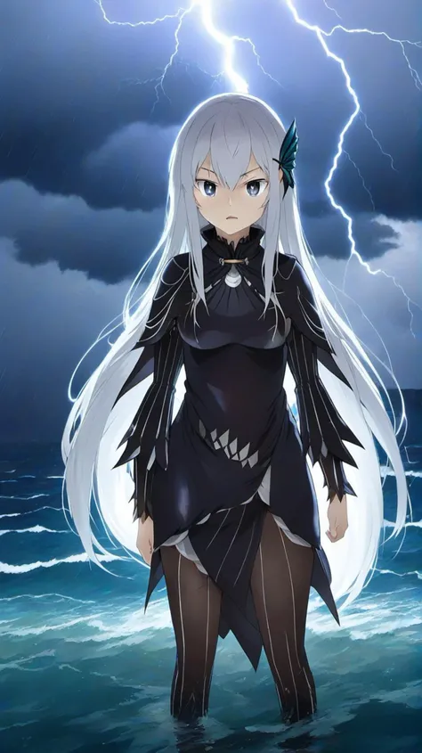 <lora:Anime Enhancer XL V2:.5> <lora:Echidna:1>1girl, echidna_rezero, , echidna_rezero in the midst of a thunderstorm at sea, standing on water, lightning striking dramatically behind her