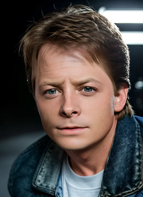 a close up of a man in a denim jacket looking at the camera