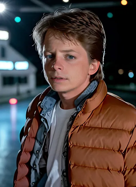 arafed man in a puffy jacket standing in front of a boat