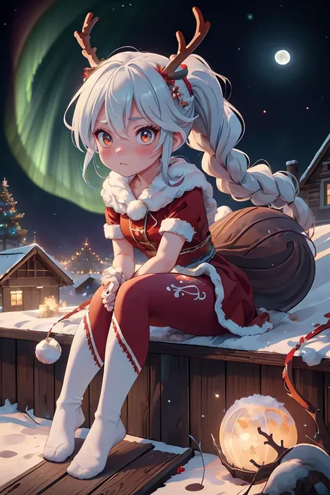 (masterpiece, best quality), 1girl, Medium blue Crown Braided Updo,long santa costume, long red skirt, reindeer antlers, raging, angry, sitting on rooftop, snow, full moon,  sfw, white yoga pants,  <lora:aurora-style-richy-v1:1> aurorastyle