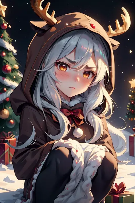 a girl with white hair and deer horns sitting in front of a christmas tree