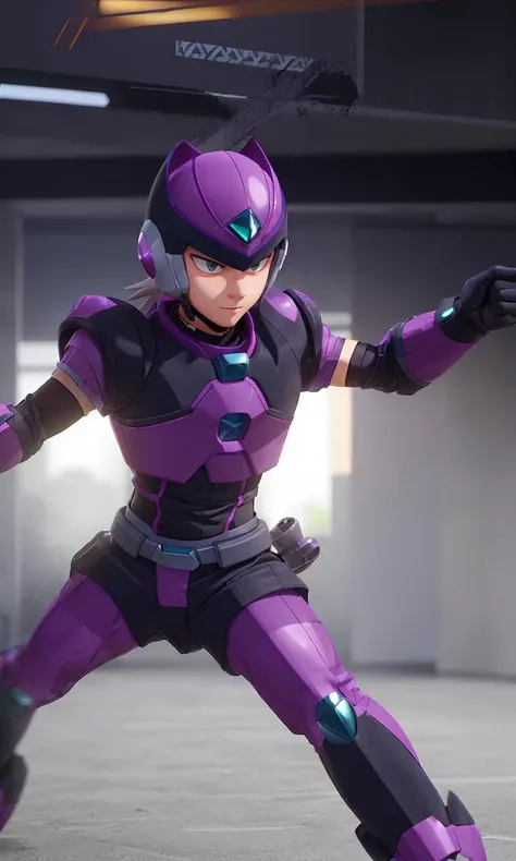 mgmgrv2023, helmet, 1boy, best quality, masterpiece, 5 fingers, depth of field, intricate, photorealistic, purple armor, green accents, powerful, cyberpunk city, grey hair, pixar style, action pose.