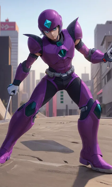 mgmgrv2023, helmet, 1boy, best quality, masterpiece, 5 fingers, depth of field, intricate, photorealistic, purple armor, green accents, powerful, cyberpunk city, grey hair, pixar style, action pose.