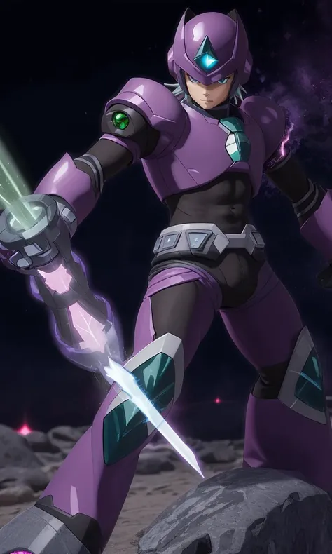 mgmgrv2023, 1boy, best quality, masterpiece, 5 fingers, depth of field, full body, 5 fingers, intricate, arm cannon, photorealistic, purple armor, green accents, energy sword,