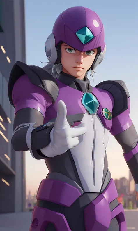 mgmgrv2023, helmet, 1boy, best quality, masterpiece, 5 fingers, depth of field, intricate, photorealistic, purple armor, green accents, powerful, cyberpunk city, grey hair, pixar style, action pose.