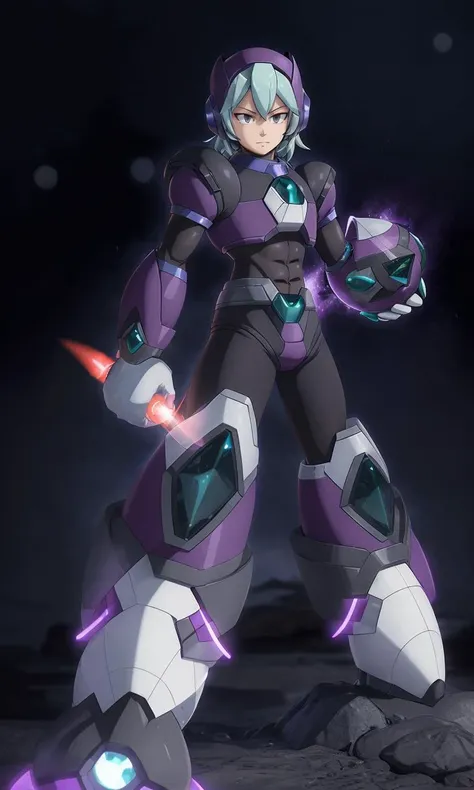 mgmgrv2023, 1boy, best quality, masterpiece, 5 fingers, depth of field, 5 fingers, intricate, arm cannon, photorealistic, purple armor, green accents, energy sword, white hair, powerful, megaman