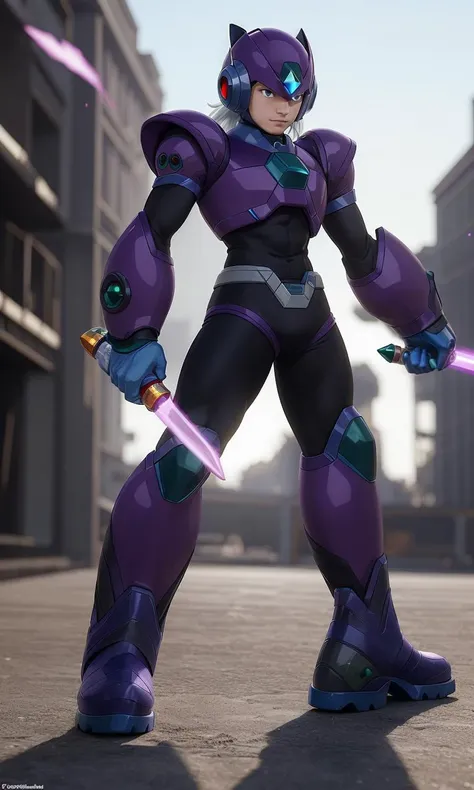 mgmgrv2023, 1boy, best quality, masterpiece, 5 fingers, depth of field, full body, 5 fingers, intricate, arm cannon, photorealistic, purple armor, green accents, energy sword, white hair, powerful, thick boots, megaman