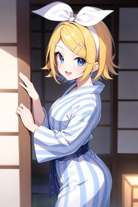 1girl,
<lora:rin_sdxl:0.5>, kagamine rin, 
short hair, 
white hairpin, 
blue eyes,
small chest,
kawaii, adorable,
BREAK,
solo,
yukata, ryokan,
BREAK,
downcast and upturned eyes, watery eyes,
happy, lively, smile,
dynamic pose,
BREAK,
masterpiece, 
8k wallp...