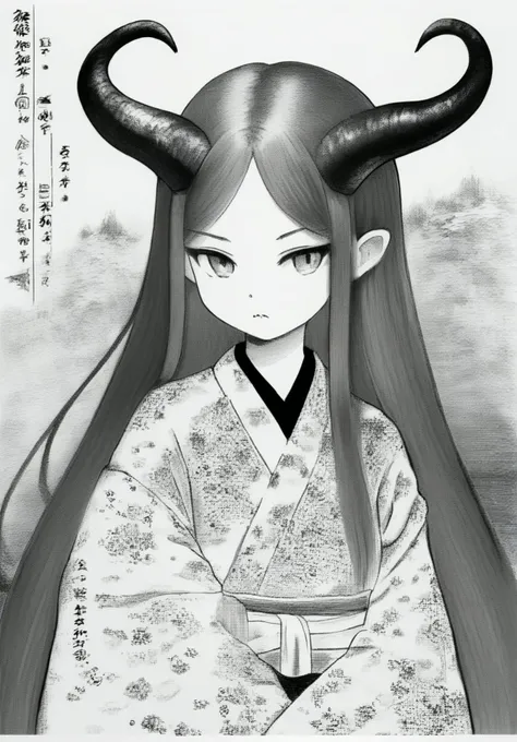 1girl, long hair, demon horns, long hair, traditional media, monochrome,