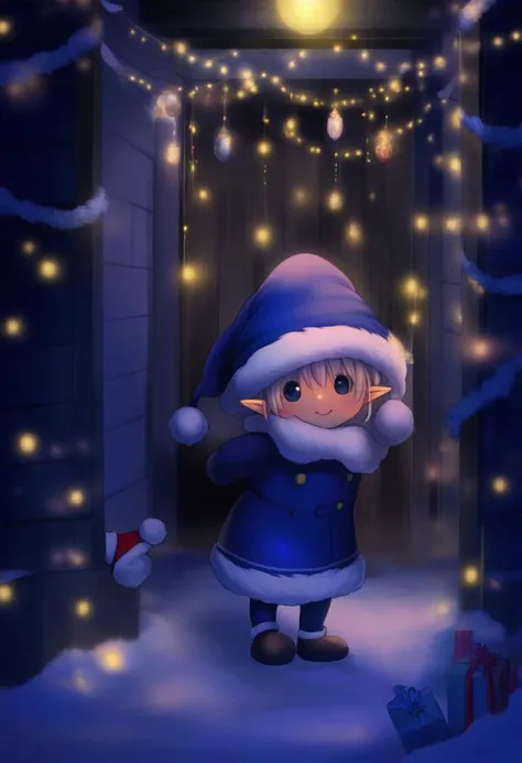 very dark night Christmas scene with a cute Blue Epoch Elf trying to find a faint light among shadows Christmas decorations, smile, fluffy,  shadows, only the face is lighted, holiday atmosphere, ultra-fine, digital painting