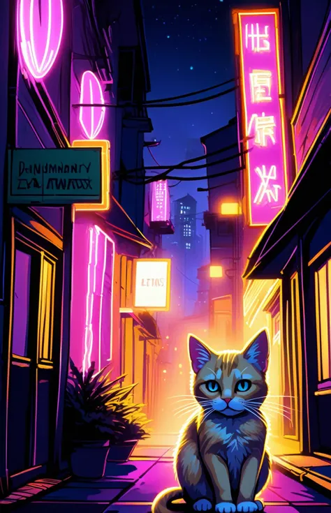 Urban Neon Glow, Dreamy Cat-Eared Blonde, Nights Mysterious , Ambiance, Curious Confident Gaze, Soft Digital Radiance, Adorable Feline Features