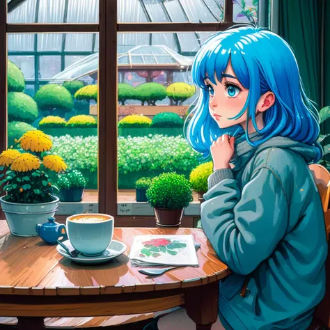 (1girl:1.1), blue hair, blue eyes, best quality, (cup of coffee on table:1.1), colorful, spring season, rainy, (anime style:1.2), in the style of studio ghibli, focused,masterpiece, best quality, greenhouse in background, 