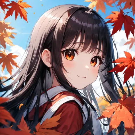 (1girl), black long hair, brown eyes, red maples, sky, ((transparent)).lumen, beautiful coloring, detailed pupil, look back, gentle smile