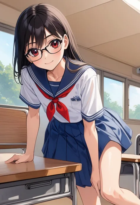 1girl, 18yo (white sailor-fuku, short sleeve, deep blue collar, deep blue skirt, red neckerchief:1.5) BREAK (cute,sweet,tareme,red glasses,big eyes,black hair:1.4) (smile:1.2) straight hear, long hair, bangs pinned back, cowboy shot, profile (in classroom:...