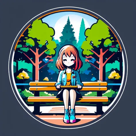 vector logo of an anime girl, circular logo, theme park themed, colorful, trees, park bench, square