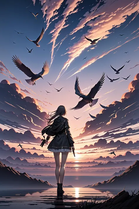 silhouette, surrounded by birds, clouds, horizon, sunset, from behind