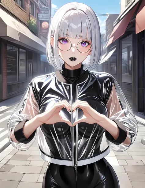 1girl, solo, perfect detailed eyes, (shiny clothes), (black bodysuit under transparent cropped pvc jacket:1.4),white hair, bob cut, (straight hair:1.2), blunt bangs, looking at viewer, standing, outdoors, street, purple eyes,(round eyewear:1.2), (black lip...