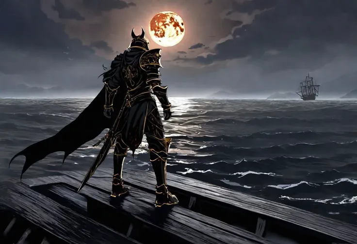 high quality, best quality, full body ,warrior of darkness, clad in black and gold armor, armor stained by blood, standing on a wooden ship deck, reaging ocean infront , blood moon in the sky, dark mist around.