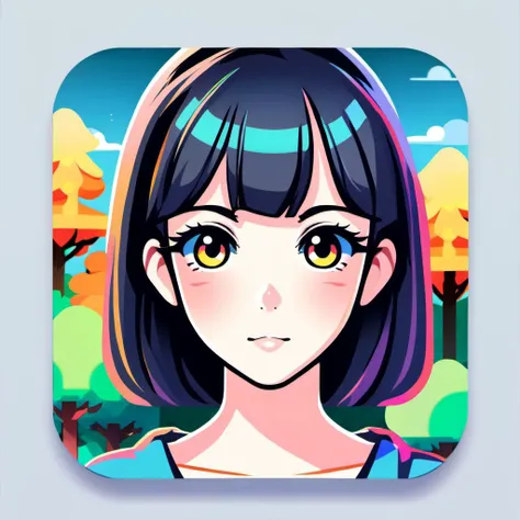 vector square app icon of an anime girl, theme park themed, colorful, trees, simple art, face